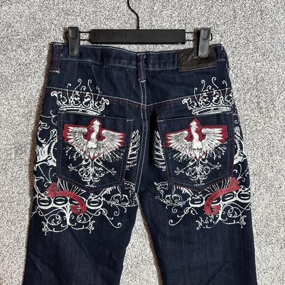 Y2K Inspired Jeans Women Size 14 Mallgoth Bootcut Rock Tattoo Grunge Embroidered - Picture 7 of 11